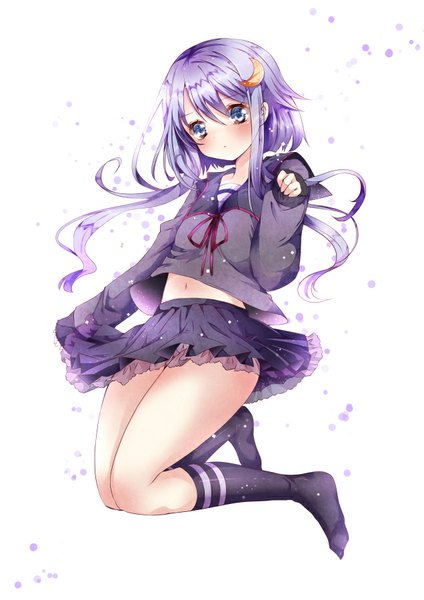 Anime picture 636x900 with kantai collection yayoi destroyer nanase nao single tall image looking at viewer blush fringe short hair blue eyes simple background white background purple hair bent knee (knees) long sleeves pleated skirt no shoes zettai ryouiki jumping crescent