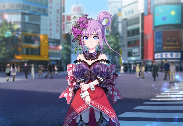 Anime picture 1800x1245 with original domo1220 single long hair highres purple eyes bare shoulders payot looking away cleavage purple hair outdoors hair flower blurry city cityscape holding arm crosswalk tokyo shibuya (tokyo)