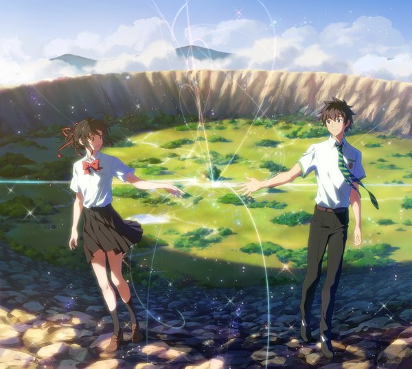 Anime picture 4000x3590 with kimi no na wa miyamizu mitsuha tachibana taki luclu highres short hair black hair brown eyes looking away absurdres sky cloud (clouds) couple girl boy skirt uniform school uniform shirt socks