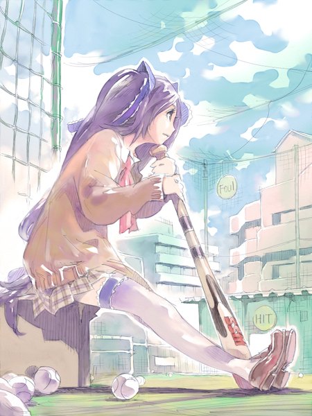 Anime picture 1200x1600 with little busters! key (studio) sasasegawa sasami pomodorosa single long hair tall image sitting purple eyes twintails sky purple hair cloud (clouds) full body profile pleated skirt plaid skirt street baseball girl