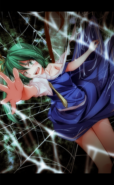 Anime picture 1000x1618 with touhou daiyousei s-syogo single tall image blush short hair open mouth green eyes ponytail green hair tears side ponytail girl dress wings spider web