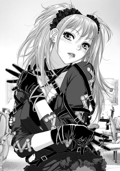 Anime picture 841x1200 with original toshiki yui single long hair tall image looking at viewer blush grey hair grey eyes monochrome girl dress gloves earrings black gloves