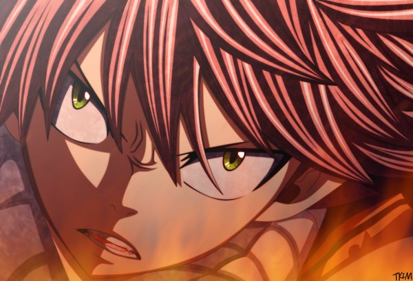 Anime picture 1568x1068 with fairy tail natsu dragneel futuretabs single short hair open mouth green eyes pink hair coloring close-up face boy scarf
