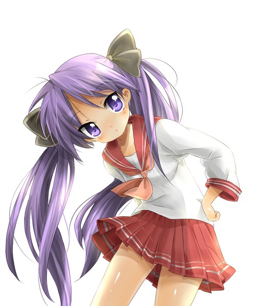 Anime picture 1288x1441 with lucky star kyoto animation hiiragi kagami rojiko single long hair tall image simple background white background purple eyes twintails purple hair hand on hip girl bow hair bow serafuku