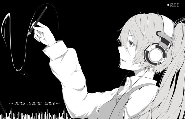 Anime picture 2100x1350 with vocaloid hatsune miku marumoru highres open mouth twintails profile grey hair black background monochrome girl shirt headphones pen