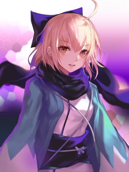 Anime picture 750x1000 with fate (series) fate/grand order okita souji (fate) (all) okita souji (koha-ace) jname single tall image looking at viewer fringe short hair blonde hair smile hair between eyes yellow eyes upper body ahoge parted lips blurry wide sleeves half updo