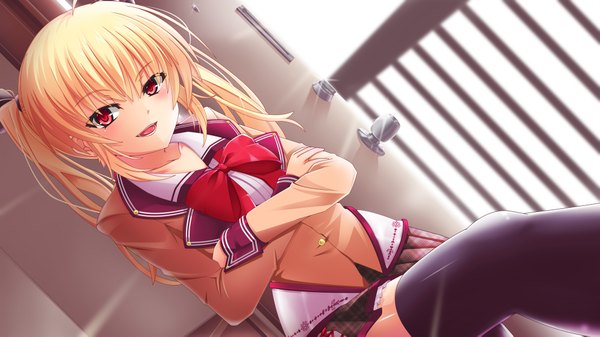 Anime picture 2000x1125 with original kuroinu (blackdog) long hair looking at viewer blush highres open mouth blonde hair red eyes wide image twintails girl thighhighs uniform black thighhighs school uniform