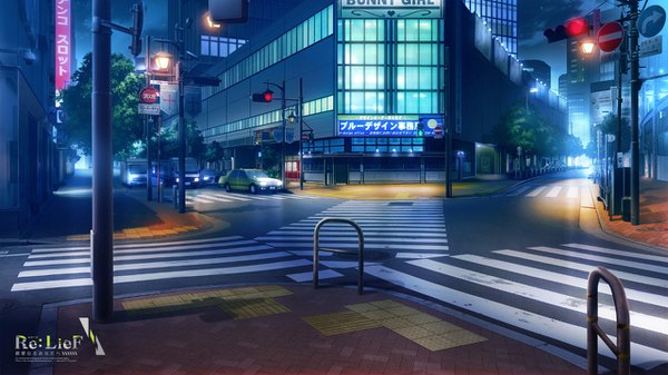 Anime picture 1280x720 with re:lief ebisutaro wide image outdoors inscription night copyright name city no people city lights crosswalk plant (plants) tree (trees) building (buildings) ground vehicle car road skyscraper lamppost traffic sign