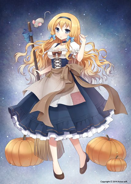 Anime picture 720x1008 with original mauve single tall image blush blue eyes blonde hair girl dress bow hair bow animal hairband broom mouse