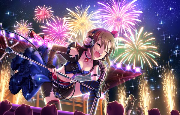 Anime picture 1280x824 with idolmaster idolmaster cinderella girls tada riina short hair open mouth brown hair eyes closed fireworks heat & beat girl thighhighs dress skirt gloves miniskirt headphones fingerless gloves pendant striped thighhighs skirt set