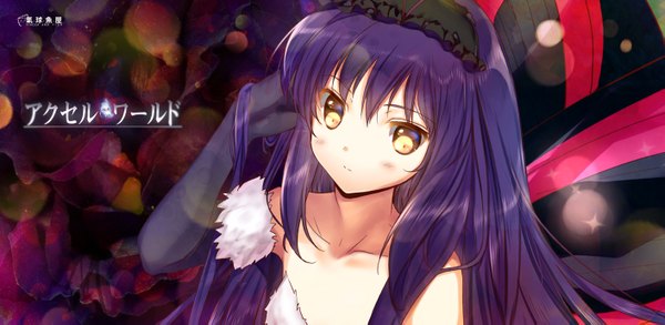 Anime picture 1411x691 with accel world sunrise (studio) kuroyukihime heco (mama) single long hair blush fringe wide image bare shoulders yellow eyes looking away purple hair girl gloves wings black gloves elbow gloves hairband