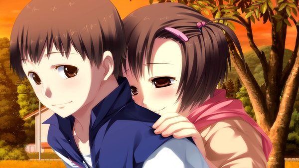 Anime picture 1024x576 with suigetsu 2 short hair smile brown hair wide image brown eyes game cg couple girl boy hair ornament hairclip