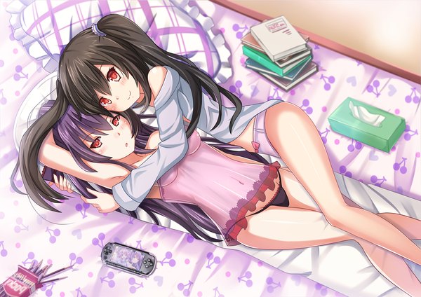 Anime picture 1600x1131 with original kazenokaze single long hair looking at viewer blush light erotic black hair smile red eyes twintails hug girl underwear panties shirt sweets pillow book (books) bed