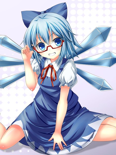 Anime picture 900x1200 with touhou cirno bug (artist) single tall image looking at viewer blush short hair blue eyes smile blue hair girl dress bow hair bow wings glasses ice
