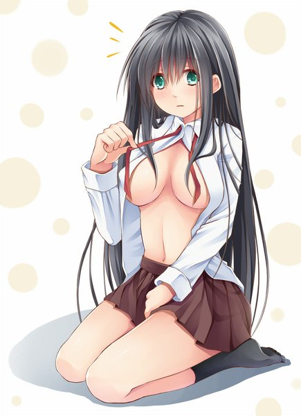 Anime picture 725x1000 with original creek (moon-sky) single long hair tall image looking at viewer breasts light erotic black hair white background green eyes open clothes open shirt girl skirt shirt socks black socks