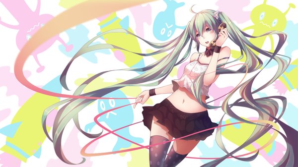 Anime picture 4320x2430 with vocaloid hatsune miku kiyo (chaoschyan) single looking at viewer blush highres open mouth wide image twintails absurdres very long hair aqua eyes aqua hair girl thighhighs skirt navel black thighhighs headphones