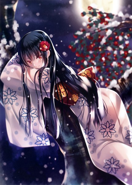 Anime picture 5025x7011 with original zinno single long hair tall image looking at viewer blush fringe highres black hair smile hair between eyes red eyes absurdres lying traditional clothes japanese clothes hair flower scan night