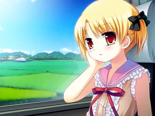 Anime picture 1024x768 with natsu yuki - summer snow miki nayuta short hair blonde hair red eyes game cg loli girl