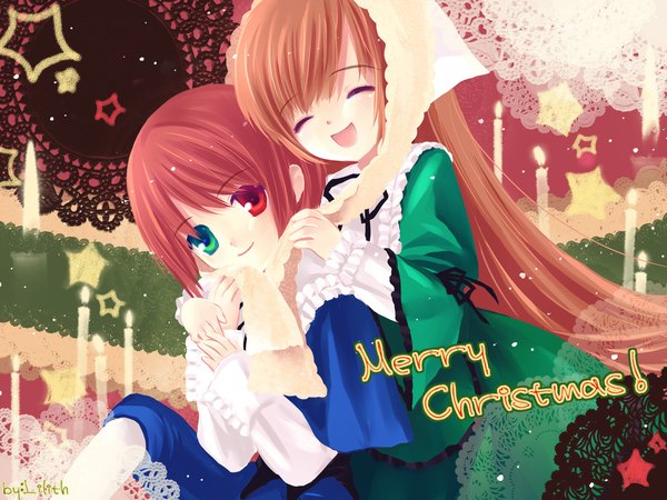 Anime picture 1024x768 with rozen maiden suiseiseki souseiseki lilith (kururuno) short hair open mouth smile red eyes brown hair green eyes eyes closed heterochromia christmas