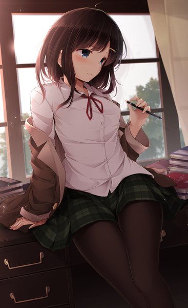 Anime picture 1000x1633 with original toyosaki shu single tall image blush fringe short hair blue eyes brown hair sitting holding looking away ahoge indoors long sleeves off shoulder open clothes arm support open jacket plaid skirt