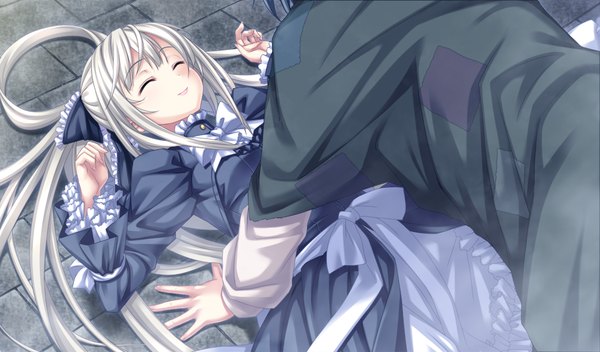 Anime picture 1088x640 with sousouki reginald long hair wide image game cg white hair lying eyes closed girl dress frills