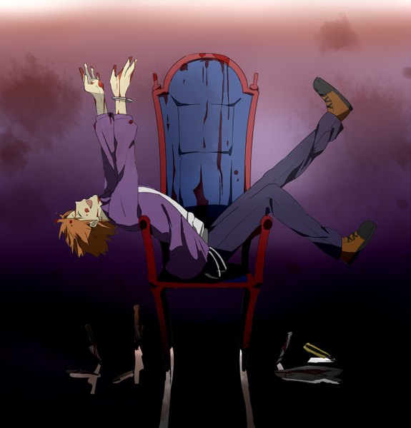 Anime picture 1253x1308 with fate/zero uryuu ryuunosuke tall image short hair open mouth blonde hair eyes closed open clothes shadow open shirt boy blood chair t-shirt knife