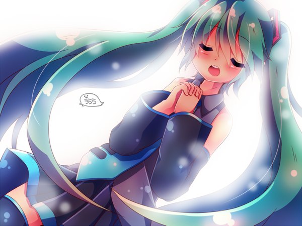 Anime picture 1500x1125 with vocaloid hatsune miku urara (sumairuclover) single blush open mouth twintails eyes closed very long hair aqua hair girl thighhighs skirt black thighhighs detached sleeves miniskirt necktie