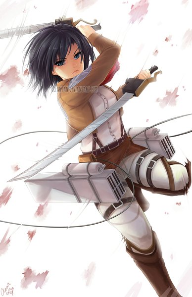 Anime picture 760x1175 with shingeki no kyojin production i.g mikasa ackerman oceantan single tall image short hair blue eyes black hair white background holding dual wielding girl uniform weapon sword thigh boots military uniform wire (wires)