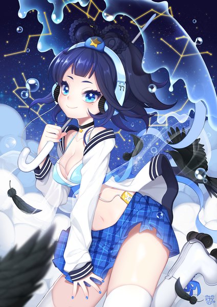 Anime picture 1000x1415 with original byulzzimon single tall image looking at viewer short hair breasts blue eyes light erotic smile bare shoulders blue hair nail polish midriff plaid skirt constellation girl navel animal choker