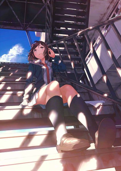 Anime picture 868x1227 with original mogumo single tall image short hair black hair sitting brown eyes looking away girl skirt socks necktie black socks