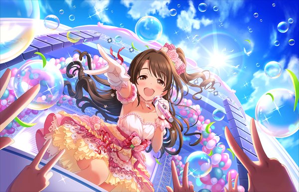 Anime picture 1280x824 with idolmaster idolmaster cinderella girls shimamura uzuki long hair blush open mouth brown hair holding brown eyes sky cloud (clouds) victory peaceful days girl dress gloves white gloves bubble (bubbles) microphone hands