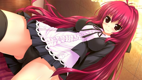 Anime picture 1280x720 with kamikaze explorer! yuutenji mishio oshiki hitoshi long hair light erotic red eyes wide image game cg red hair pantyshot girl dress