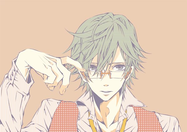 Anime picture 1012x717 with uta no prince-sama a-1 pictures ichinose tokiya single looking at viewer short hair open mouth simple background green hair grey eyes striped open collar polka dot brown background adjusting glasses boy glasses
