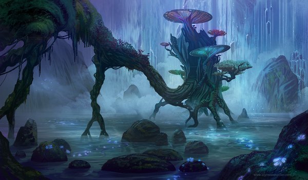 Anime picture 1450x846 with niltrace wide image glowing no people fantasy lake flower (flowers) plant (plants) tree (trees) water forest stone (stones)
