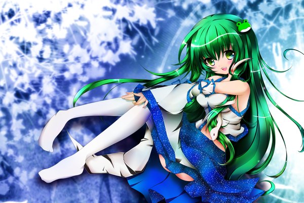 Anime picture 3000x2000 with touhou kochiya sanae bud146 single long hair blush highres open mouth green eyes green hair girl thighhighs skirt hair ornament detached sleeves miniskirt white thighhighs snake