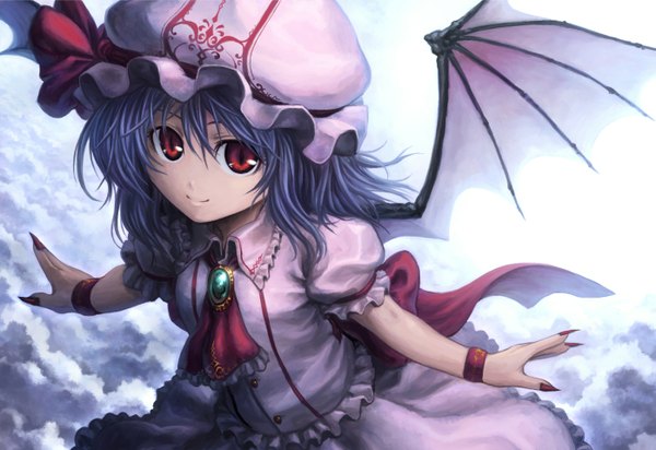 Anime picture 1395x958 with touhou remilia scarlet tatsuya (atelier road) single looking at viewer short hair smile red eyes blue hair fingernails long fingernails girl dress bow wings frills bracelet bonnet brooch