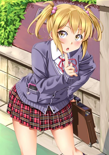 Anime picture 827x1169 with original miri (ago550421) single tall image looking at viewer blush short hair open mouth blonde hair twintails yellow eyes short twintails girl skirt hair ornament sweater school bag hair tie hair bobbles