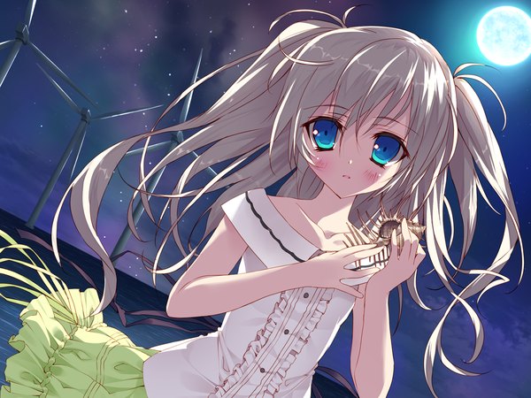 Anime picture 1280x960 with chiisana kanojo no serenade katagai shione tsurusaki takahiro single long hair looking at viewer blush blue eyes game cg white hair night girl dress moon wind turbine