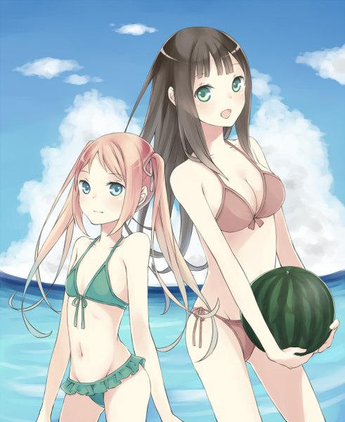 Anime picture 1000x1222 with original aquariumtama long hair tall image looking at viewer blush open mouth blue eyes light erotic black hair blonde hair twintails bare shoulders multiple girls green eyes sky cloud (clouds) light smile midriff girl