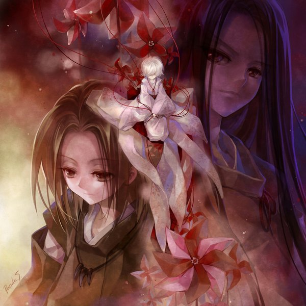 Anime picture 1024x1024 with shaman king xebec asakura you asakura hao gungun (artist) long hair short hair brown hair brown eyes signed white hair traditional clothes twins boy pendant pinwheel