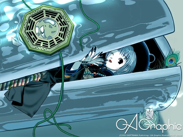 Anime picture 1024x768 with gagraphic senno aki short hair blue hair black eyes blue background girl coffin