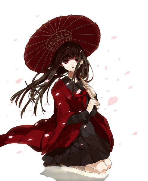 Anime picture 1980x2420 with original abararack massuru single long hair tall image looking at viewer highres open mouth simple background red eyes brown hair white background sitting kneeling girl thighhighs dress petals black dress