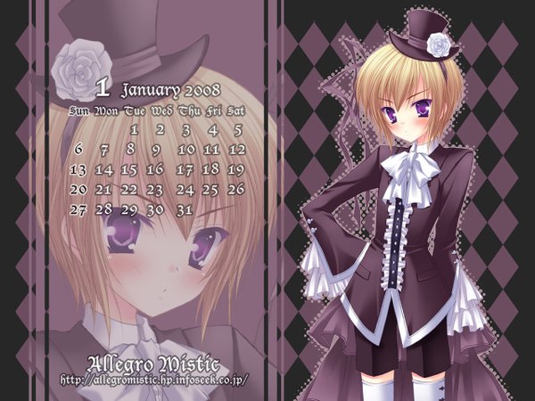 Anime picture 1280x960 with takano yuki (allegro mistic) blonde hair purple eyes goth-loli calendar 2008 thighhighs hat rose (roses) calendar