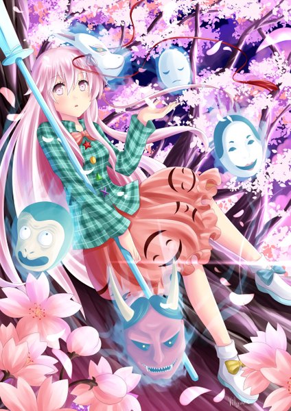 Anime picture 909x1285 with touhou hata no kokoro villyane single long hair tall image blush open mouth pink hair pink eyes horn (horns) cherry blossoms mask on head girl dress flower (flowers) weapon plant (plants) tree (trees) bowtie