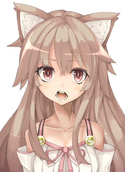 Anime picture 1600x2190 with original tsunotsuki (uguisu maccha) single long hair tall image looking at viewer fringe breasts open mouth simple background red eyes brown hair white background bare shoulders animal ears payot upper body cat ears cat girl girl