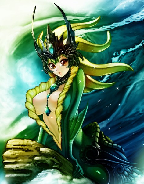 Anime picture 787x1000 with league of legends nami (league of legends) waterring single tall image looking at viewer open mouth light erotic brown eyes cleavage girl choker mermaid