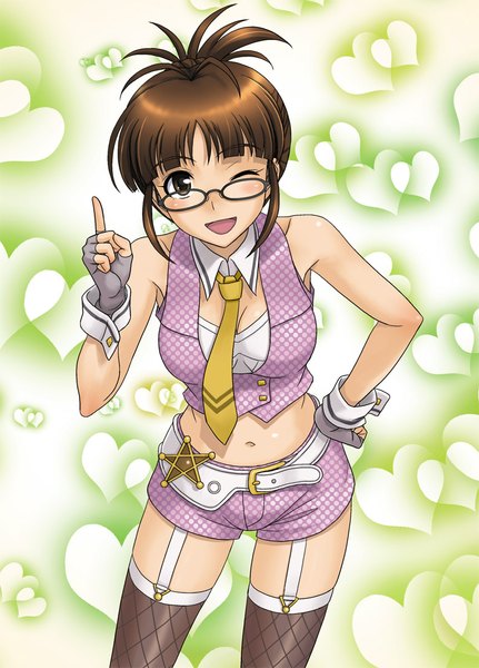 Anime picture 792x1102 with idolmaster akizuki ritsuko hida tatsuo single tall image looking at viewer short hair open mouth brown hair brown eyes one eye closed wink midriff million dreams girl thighhighs gloves navel glasses necktie