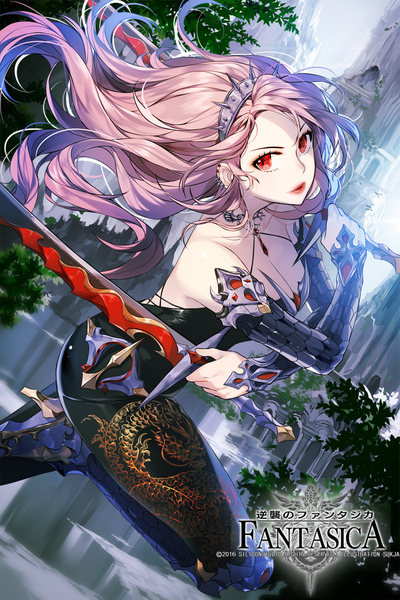 Anime picture 700x1050 with gyakushuu no fantasica sorolp single long hair tall image looking at viewer fringe breasts red eyes bare shoulders holding payot pink hair bent knee (knees) lips high heels light bare back slit pupils fantasy