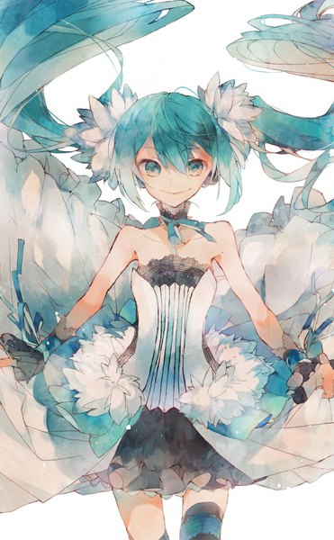 Anime picture 700x1132 with 7th dragon 7th dragon 2020 vocaloid hatsune miku yuuya (pixiv1797060) single tall image looking at viewer simple background smile white background twintails bare shoulders very long hair aqua eyes aqua hair girl thighhighs dress black thighhighs