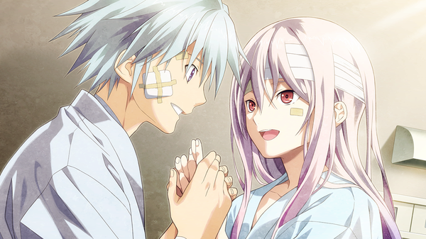 Anime picture 1280x720 with disorder 6 joe (disorder 6) shiina (disorder 6) long hair short hair open mouth red eyes wide image purple eyes game cg silver hair white hair bandaid on face girl boy bandage (bandages) bandaid